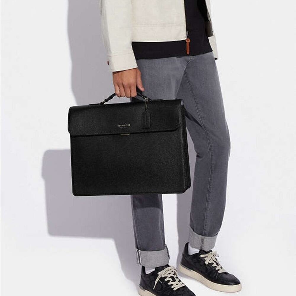 COACH Graham Flap Brief Black Leather Travel Shoulder Bag Briefcase Suede Lined - Picture 7 of 15